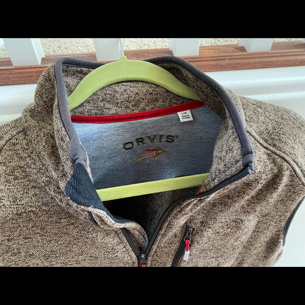 ORVIS Sz Large Mens Unisex MOCHA Brown Sweater Fleece Vest w/ Zipper Pockets